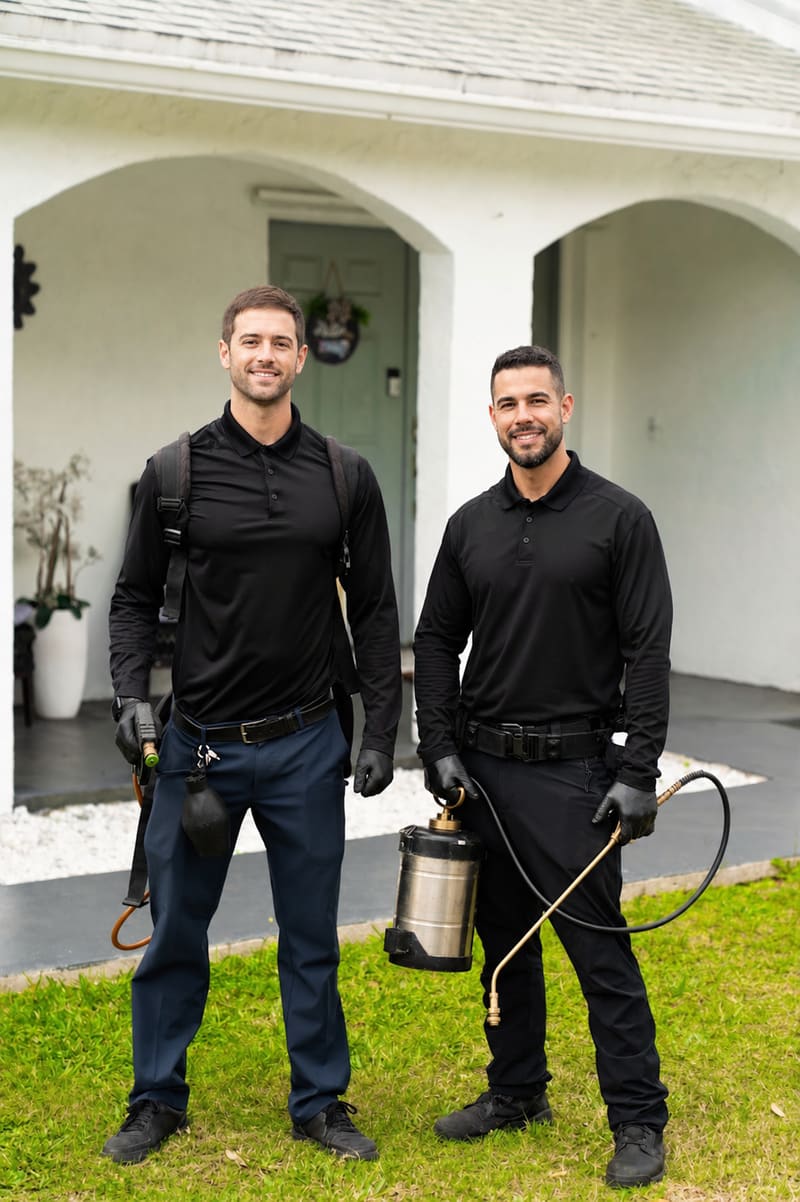 Dos técnicos de control de plagas con equipos de pulverización frente a una vivienda
