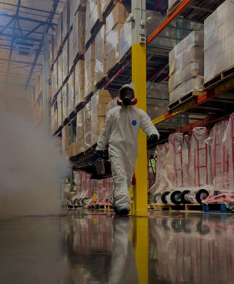 Técnico con traje de protección nebulizando una nave industrial durante una intervención real